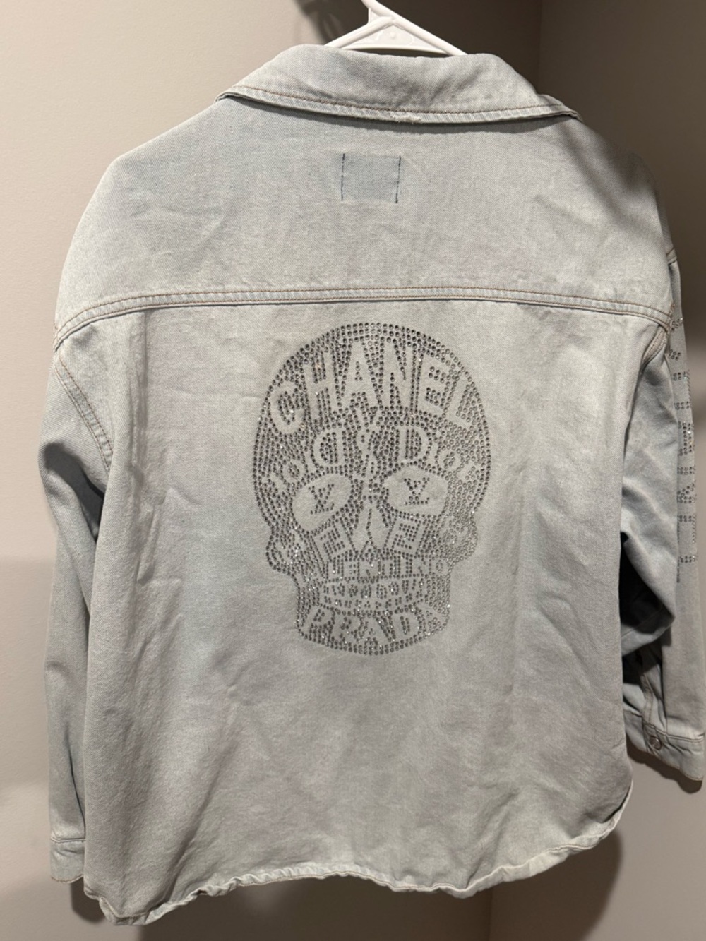 CHANEL Rhinestone Skull Denim Jacket in Light Gray